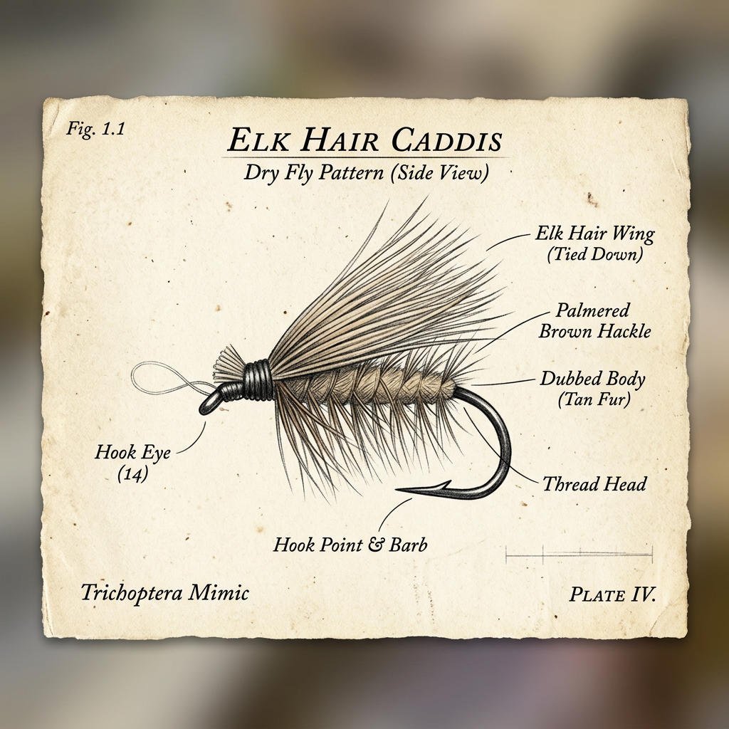Elk Hair Caddis dry fly pattern illustration — elk hair wing tied down, palmered brown hackle, dubbed tan fur body, size 14 hook