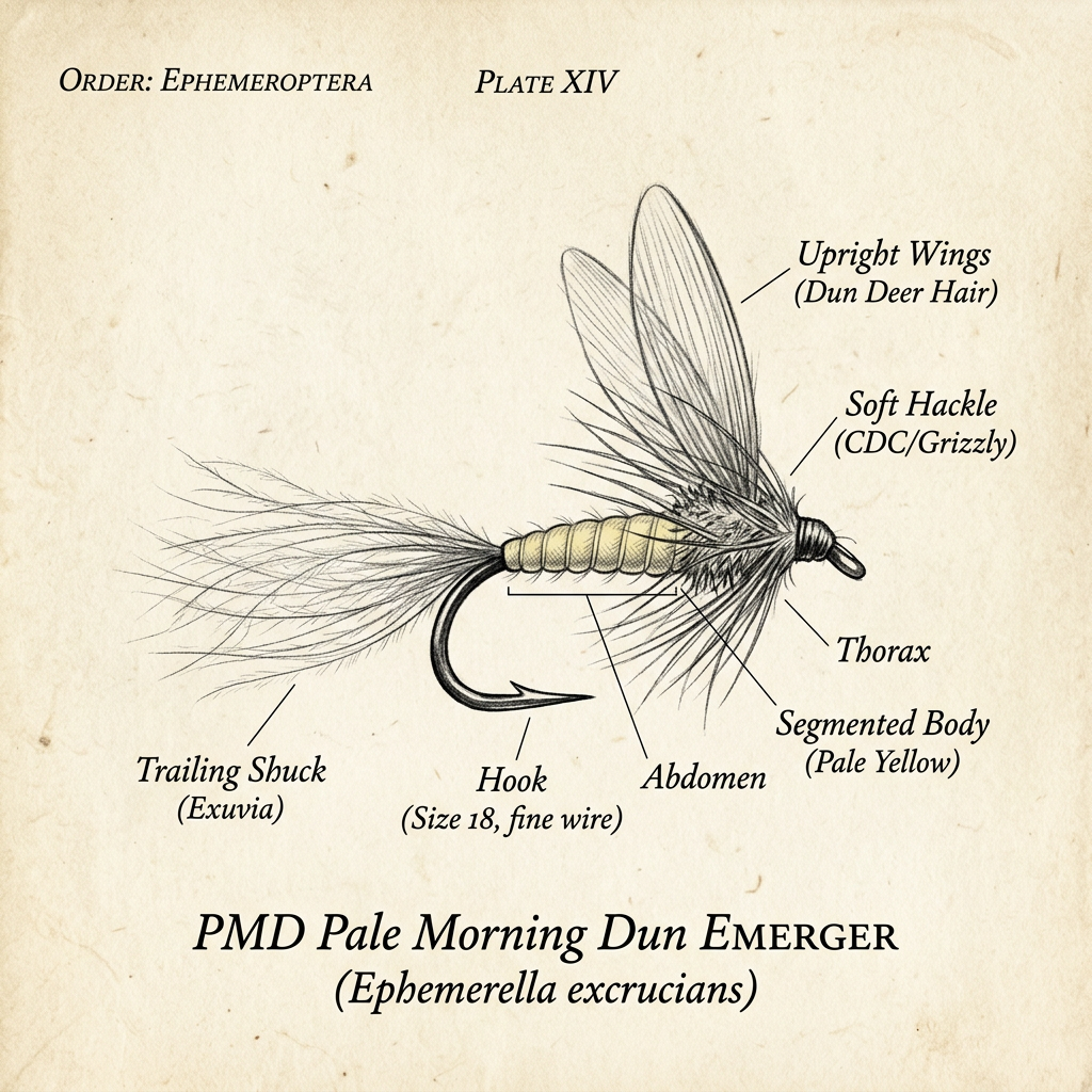 Pale Morning Dun emerger fly pattern illustration — pheasant tail trailing shuck, pale yellow dubbed body, light dun CDC wing, size 16 hook