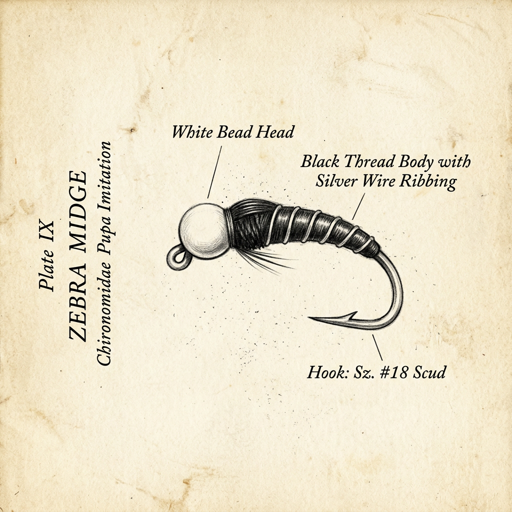 Zebra Midge fly pattern illustration — silver bead head, black thread body, silver wire rib, size 20 hook